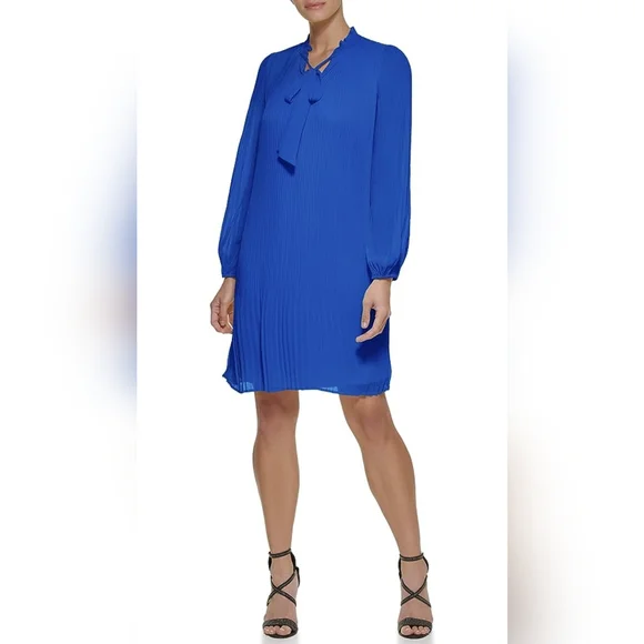 Dkny | Dresses | Dkny Blue Pleated Dress With A Neck Tie And Bell Sleeves 4  | Poshmark